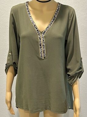 Anabelle Olive Green V-Neck Tunic with Beaded Trim